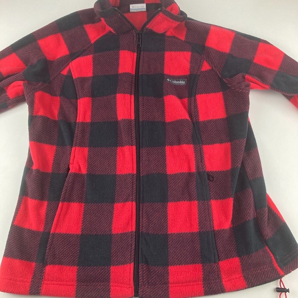 Columbia Men XL Fleece Jacket Red Black Buffalo Plaid Full Zip Outdoor